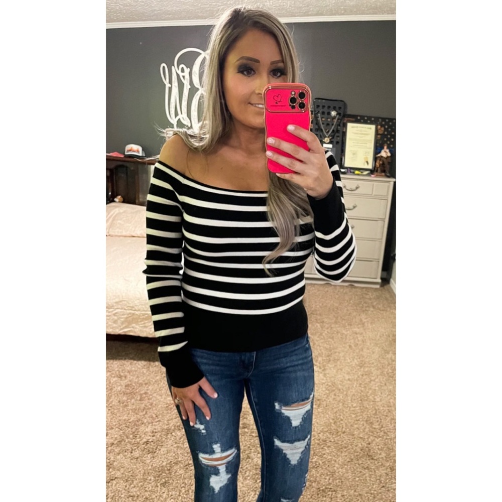 Striped Black and White Off-Shoulder Sweater